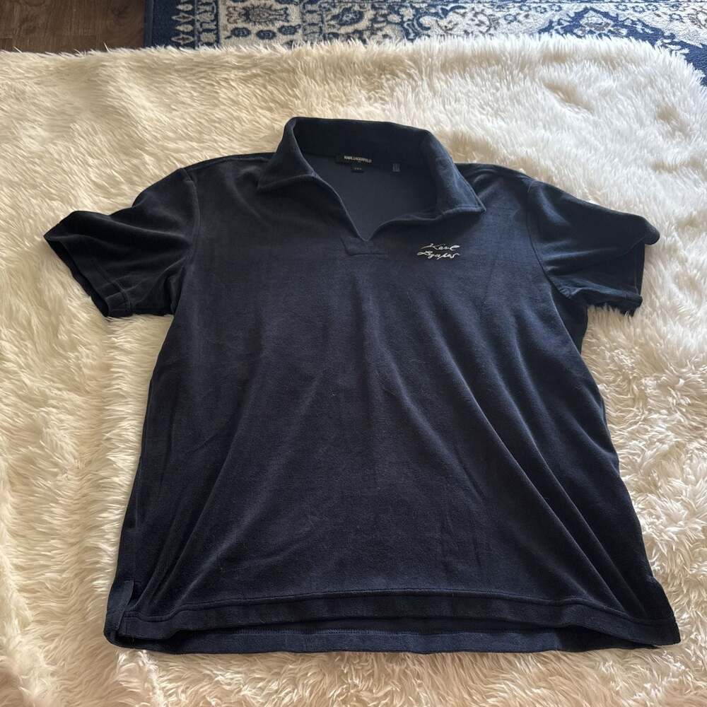 Karl Lagerfeld Shirt Men's Medium Polo Paris‎ Navy Velvet Signature Classic